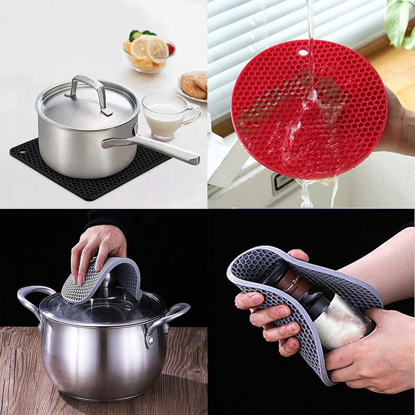Silicone Trivet Pot Mats Non-Slip Heat Resistant Kitchen Hot Pads - Multi-Purpose Holder Set (Black)