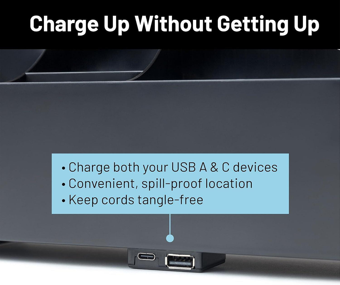 College Dorm Room Bedside Perch with USB-C Charging Ports and Organizer - Black
