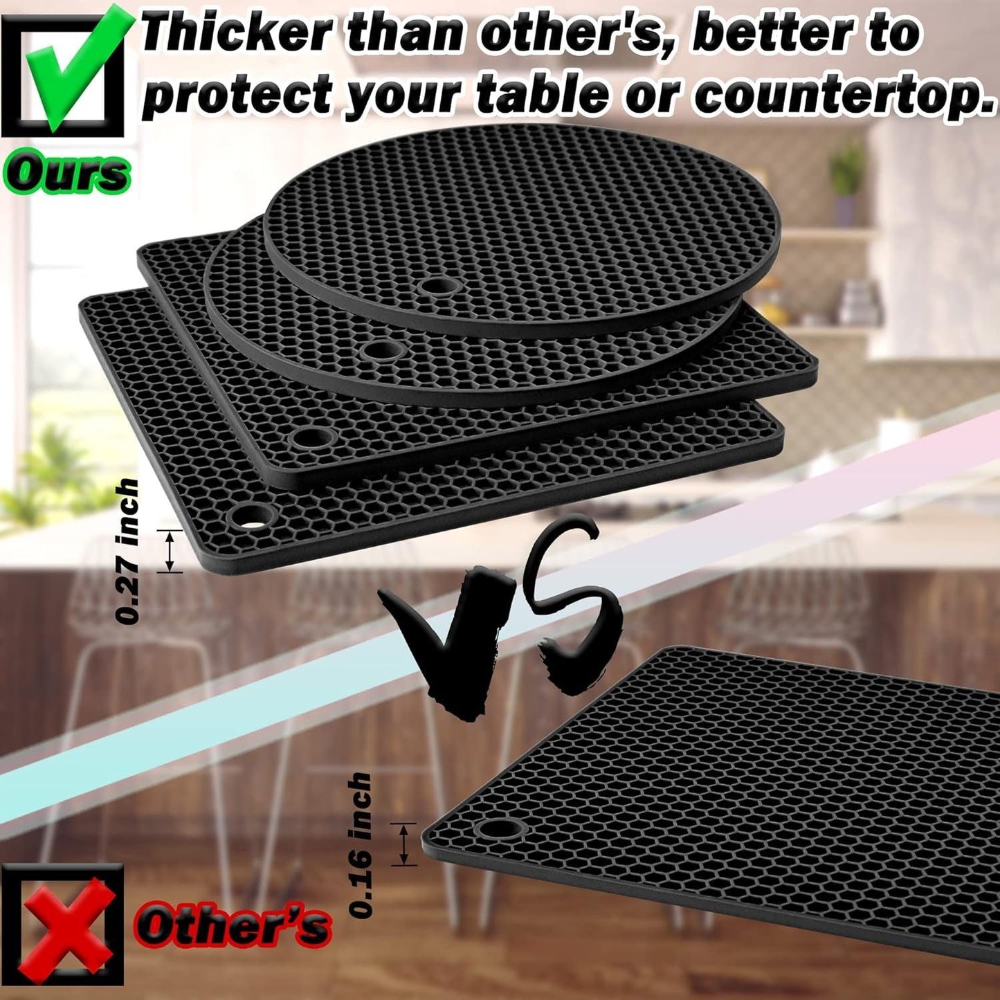 Silicone Trivet Pot Mats Non-Slip Heat Resistant Kitchen Hot Pads - Multi-Purpose Holder Set (Black)