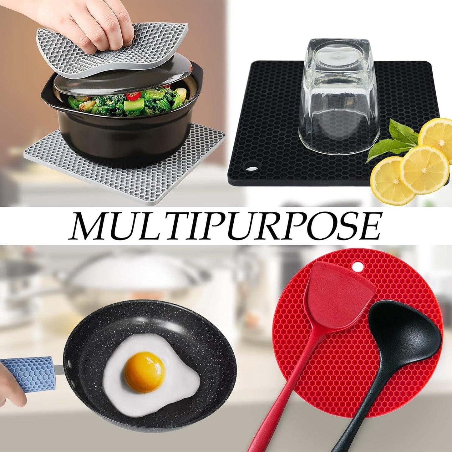 Silicone Trivet Pot Mats Non-Slip Heat Resistant Kitchen Hot Pads - Multi-Purpose Holder Set (Black)