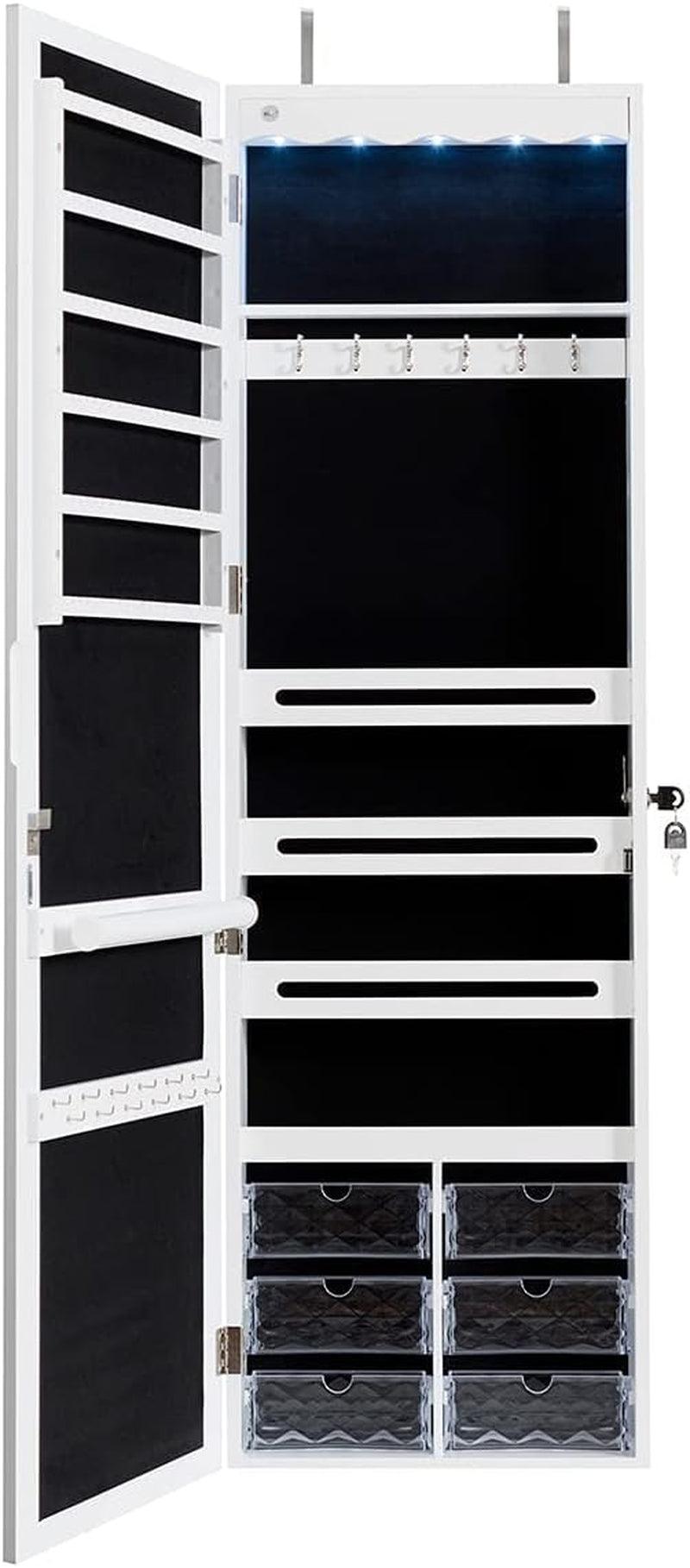 Wall-Mounted Jewelry Cabinet Armoire with Full-Length Mirror, Lockable Organizer, Lights, and Large Storage Box - White