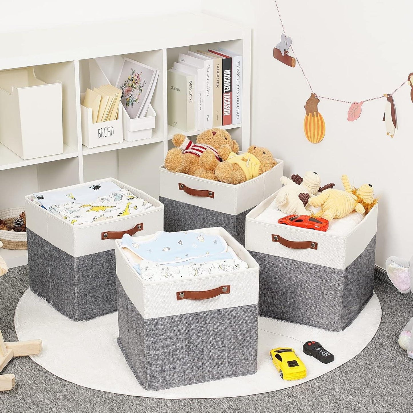 Foldable Storage Bins 13X13 Storage Cubes Set of 4 Fabric Linen Storage Baskets for Shelves Drawer with Handles Organizer for Shelves Toy Nursery Closet Bedroom