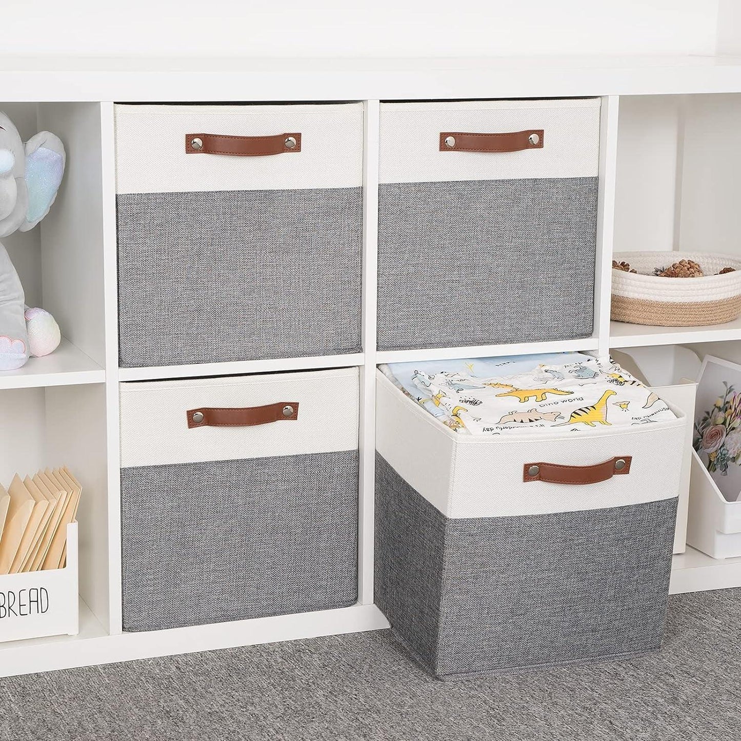 Foldable Storage Bins 13X13 Storage Cubes Set of 4 Fabric Linen Storage Baskets for Shelves Drawer with Handles Organizer for Shelves Toy Nursery Closet Bedroom