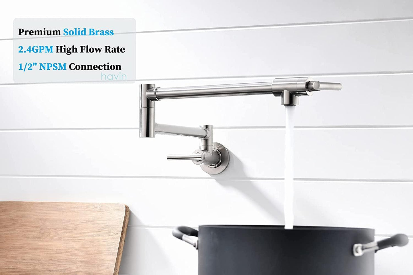 Wall Mount Brass Pot Filler Faucet with Double Joint Swing Arms - Brushed Nickel