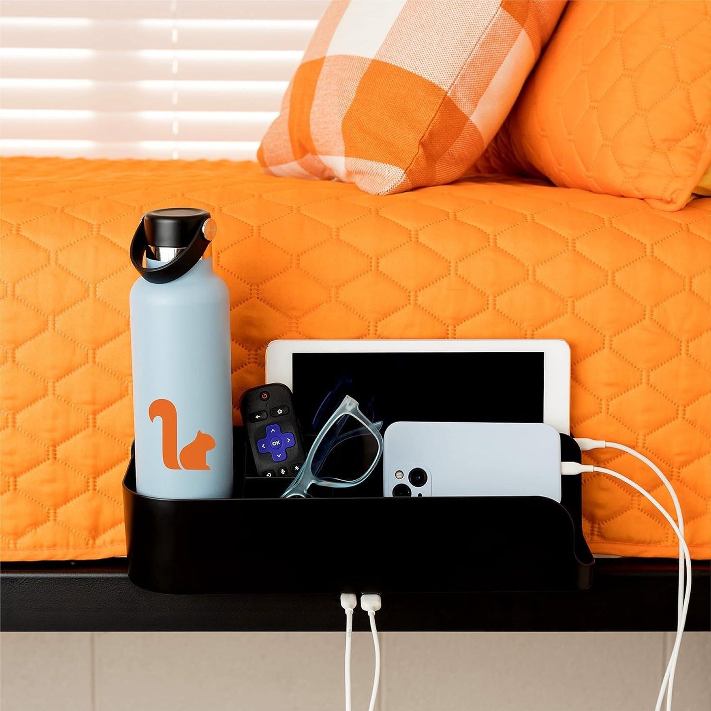 College Dorm Room Bedside Perch with USB-C Charging Ports and Organizer - Black