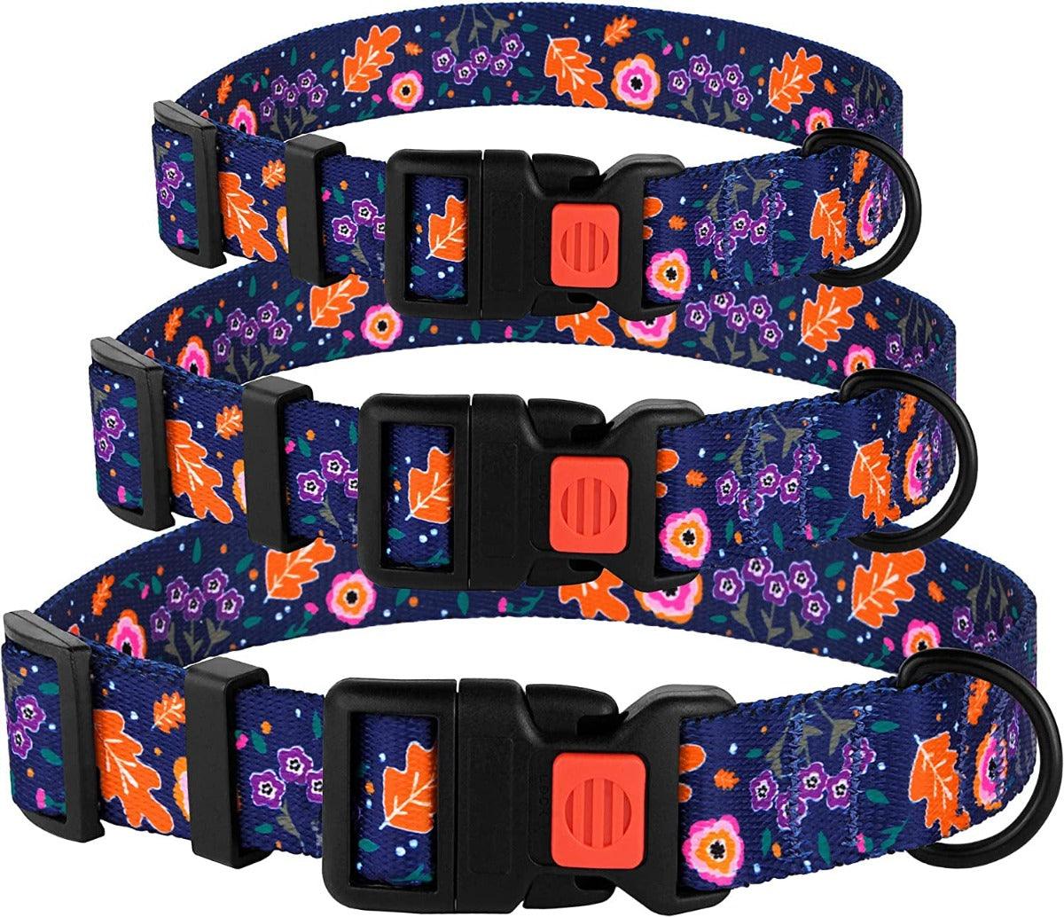 Floral Dog Collar Nylon Pattern Flower Print Adjustable Pet Collars for Dogs Small Medium Large Puppy (Neck Fit 14"-18", Navy Blue)