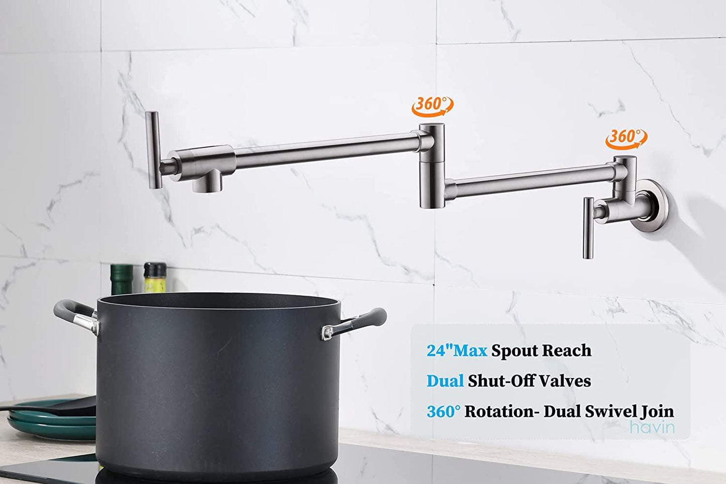 Wall Mount Brass Pot Filler Faucet with Double Joint Swing Arms - Brushed Nickel