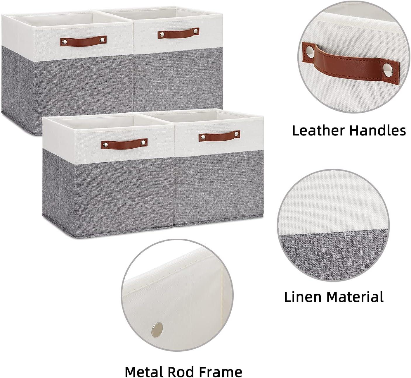 Foldable Storage Bins 13X13 Storage Cubes Set of 4 Fabric Linen Storage Baskets for Shelves Drawer with Handles Organizer for Shelves Toy Nursery Closet Bedroom