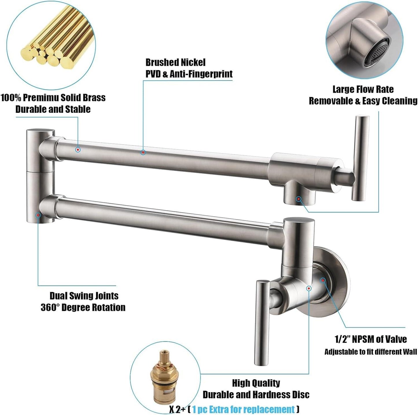 Wall Mount Brass Pot Filler Faucet with Double Joint Swing Arms - Brushed Nickel
