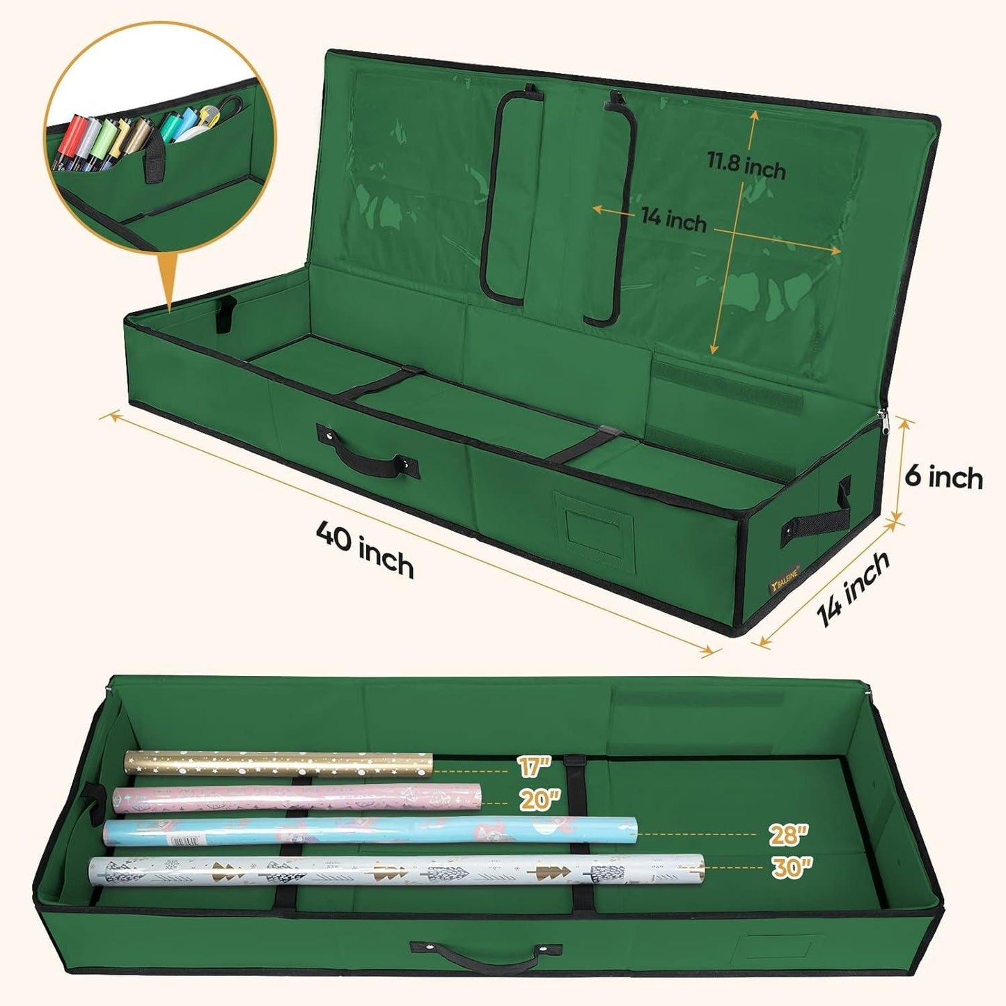 Christmas Wrapping Paper Storage Organizer with Flexible Partitions and Pockets, 40" Durable 600D Oxford Fabric Gift Wrap Storage Bag Fits Ribbon, Ornaments, Holiday Accessories (Green)