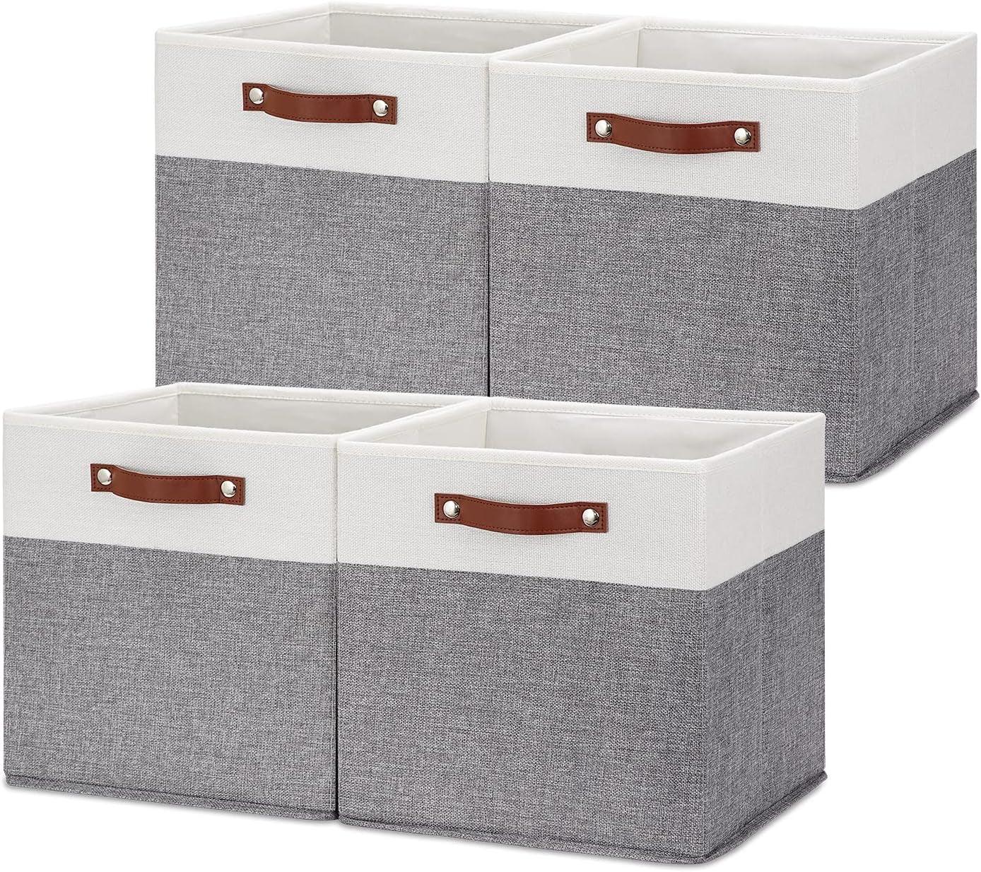 Foldable Storage Bins 13X13 Storage Cubes Set of 4 Fabric Linen Storage Baskets for Shelves Drawer with Handles Organizer for Shelves Toy Nursery Closet Bedroom