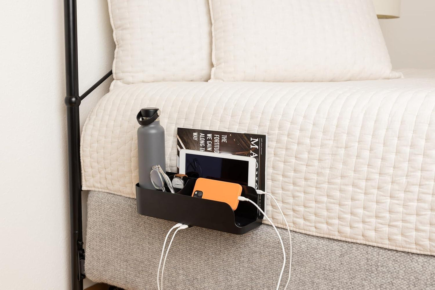 College Dorm Room Bedside Perch with USB-C Charging Ports and Organizer - Black