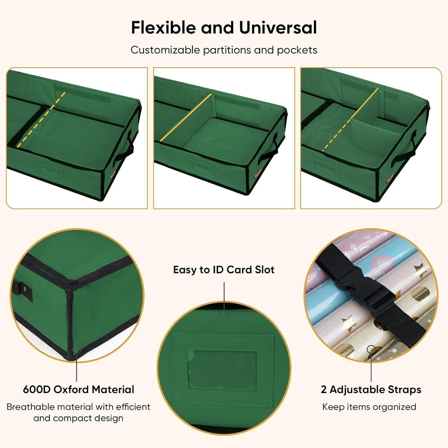 Christmas Wrapping Paper Storage Organizer with Flexible Partitions and Pockets, 40" Durable 600D Oxford Fabric Gift Wrap Storage Bag Fits Ribbon, Ornaments, Holiday Accessories (Green)
