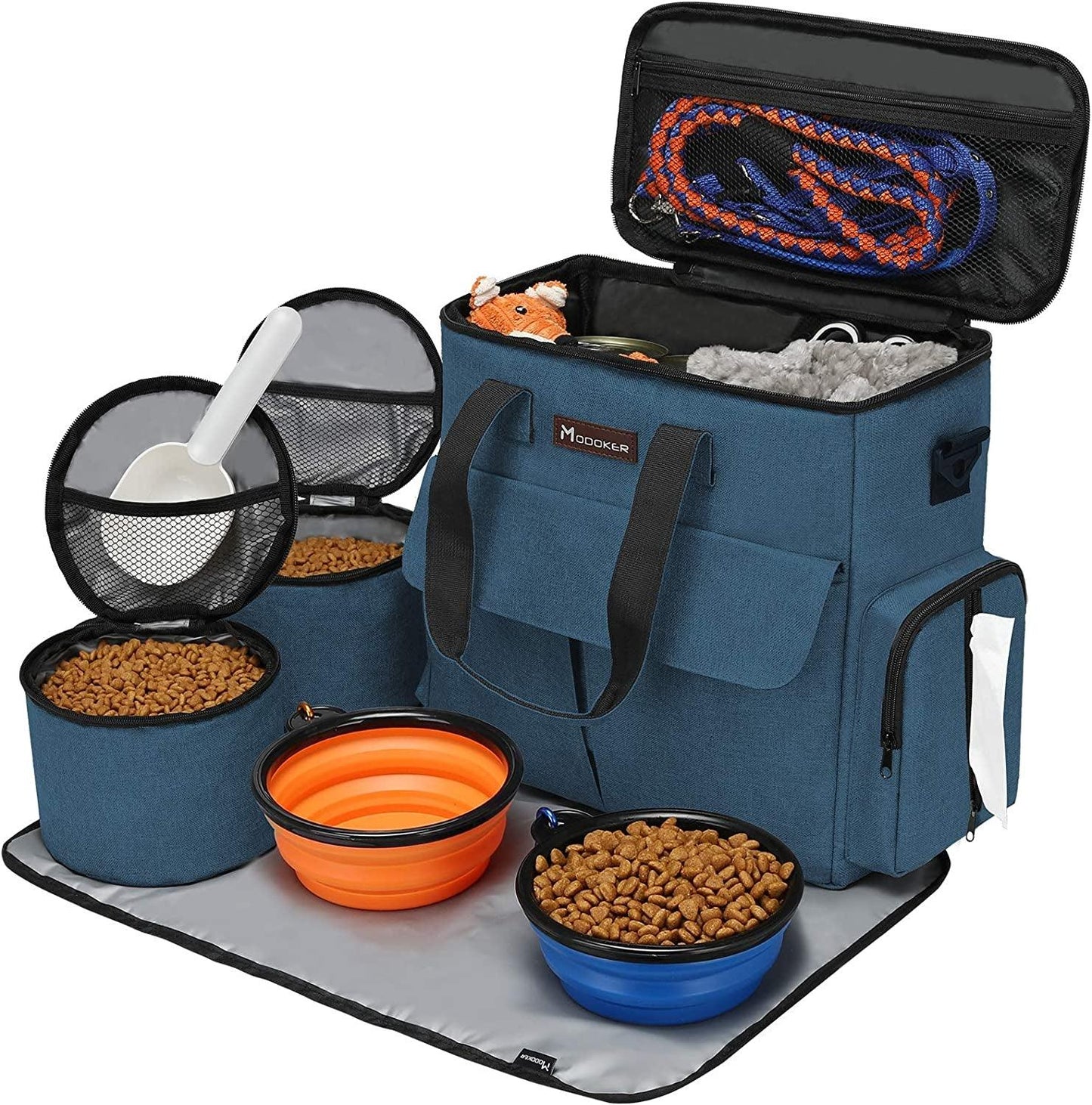 Pet Travel Bag Set with Airline-Approved Tote Organizer, Food Storage Containers, Collapsible Bowls, and Feeding Mat - Blue