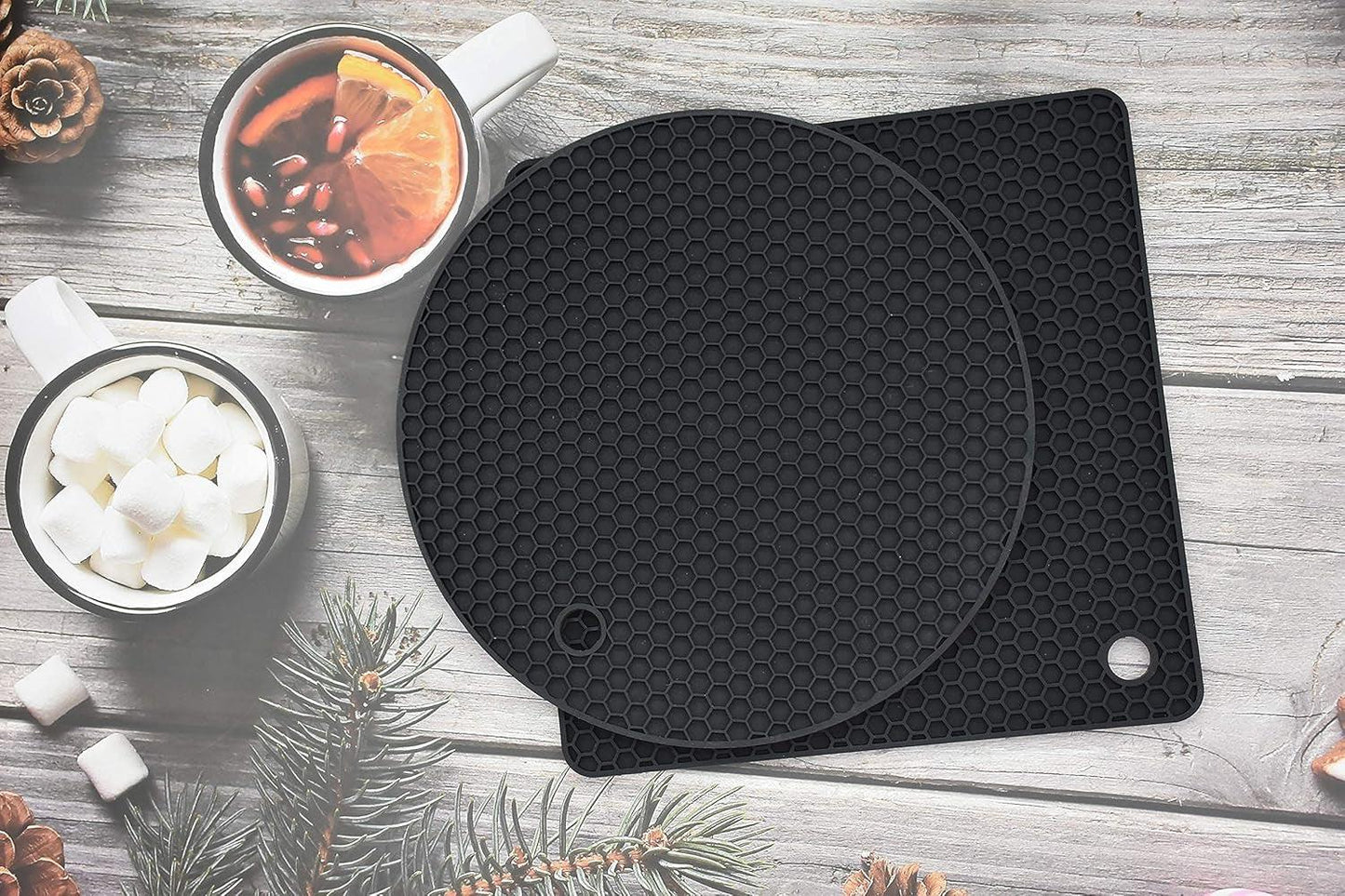 Silicone Trivet Pot Mats Non-Slip Heat Resistant Kitchen Hot Pads - Multi-Purpose Holder Set (Black)