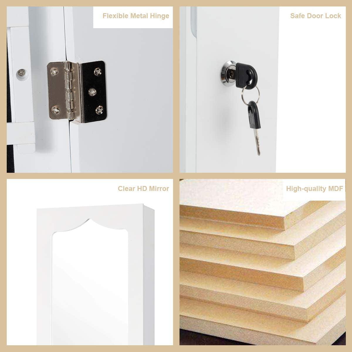 Wall-Mounted Jewelry Cabinet Armoire with Full-Length Mirror, Lockable Organizer, Lights, and Large Storage Box - White