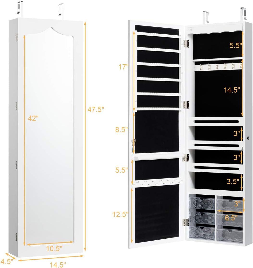 Wall-Mounted Jewelry Cabinet Armoire with Full-Length Mirror, Lockable Organizer, Lights, and Large Storage Box - White
