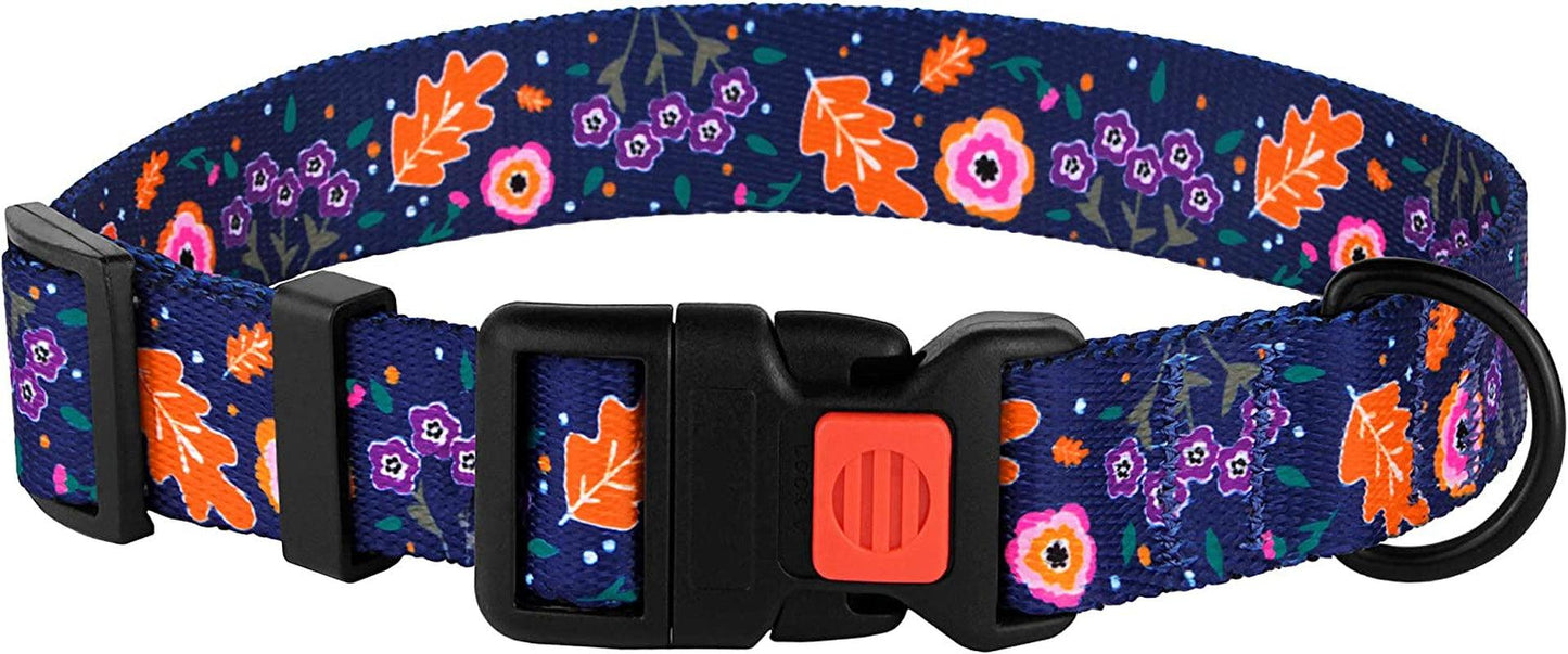 Floral Dog Collar Nylon Pattern Flower Print Adjustable Pet Collars for Dogs Small Medium Large Puppy (Neck Fit 14"-18", Navy Blue)