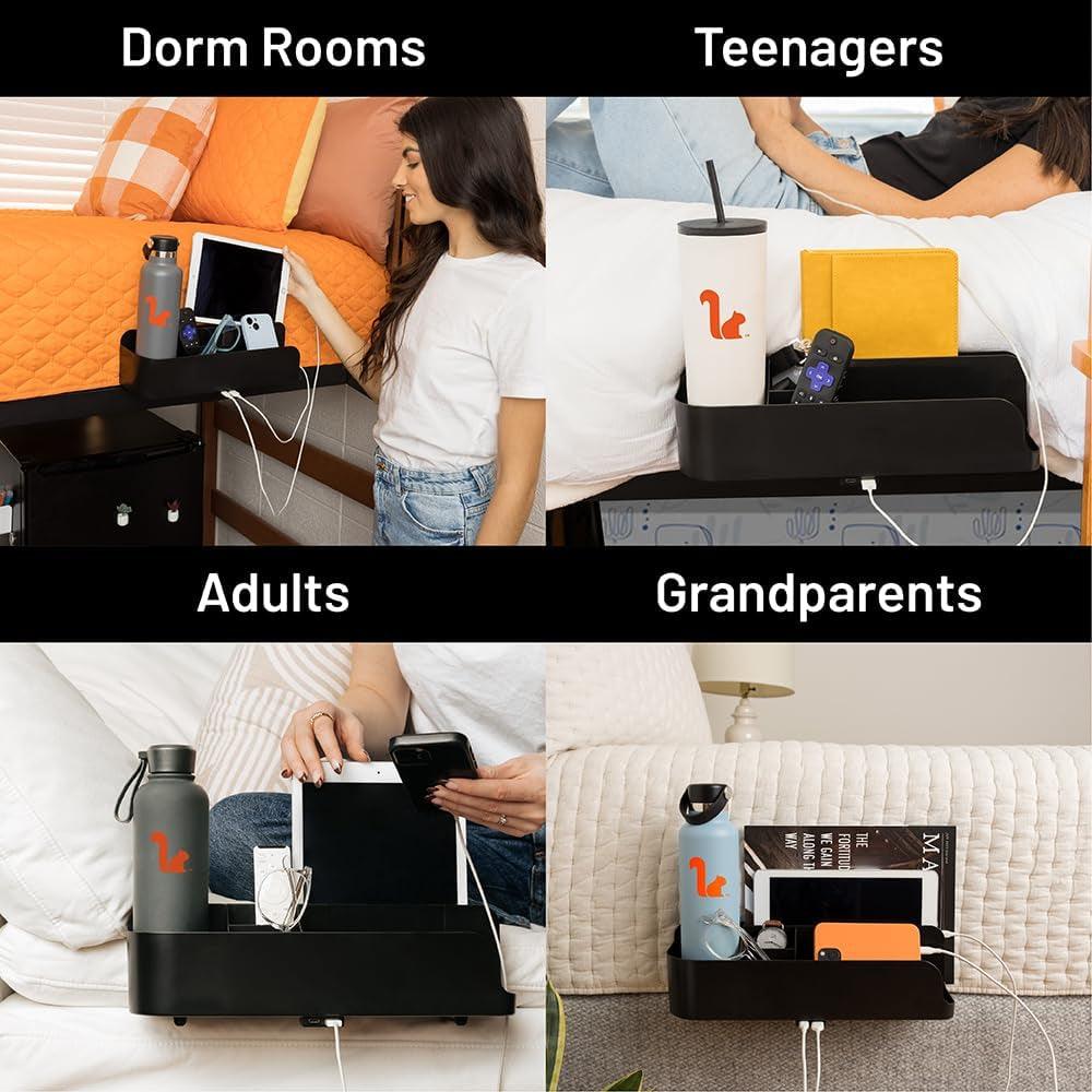 College Dorm Room Bedside Perch with USB-C Charging Ports and Organizer - Black