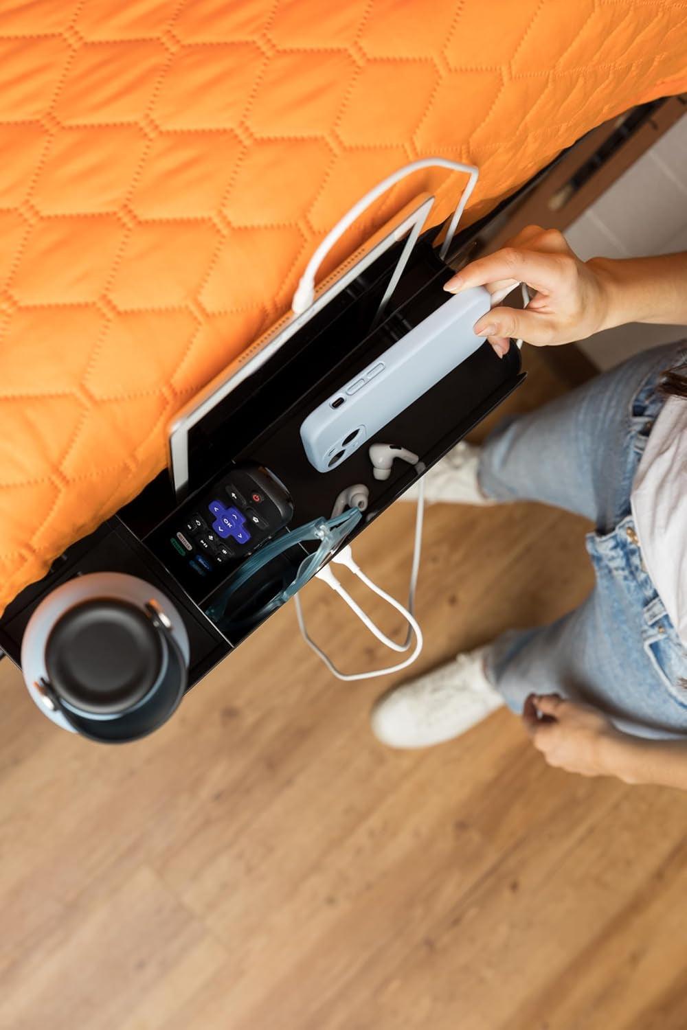 College Dorm Room Bedside Perch with USB-C Charging Ports and Organizer - Black
