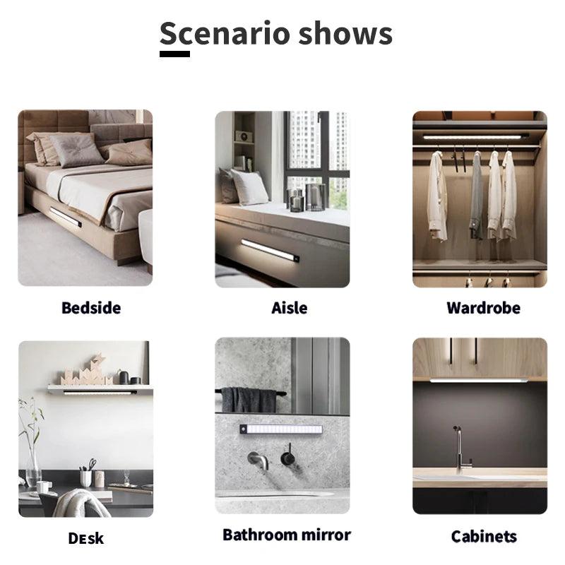 Night Light 20/30/40/60CM Motion Sensor Light Wireless USB LED Cabinet Light Wardrobe Lamp for Kitchen Cabinet Bedroom Wardrobe