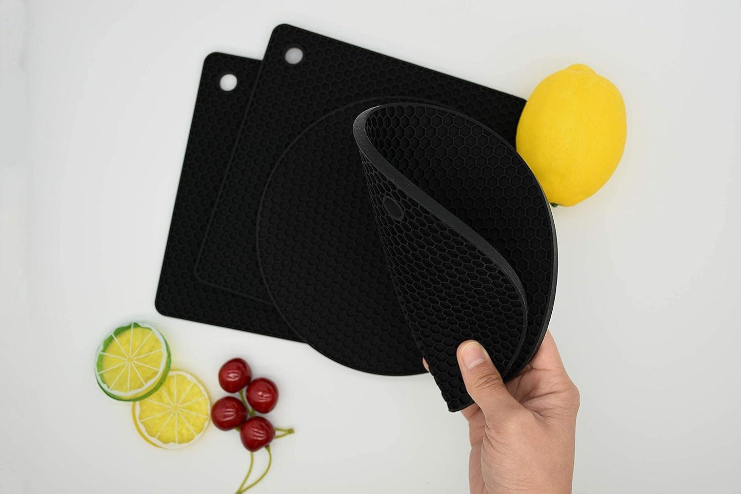 Silicone Trivet Pot Mats Non-Slip Heat Resistant Kitchen Hot Pads - Multi-Purpose Holder Set (Black)