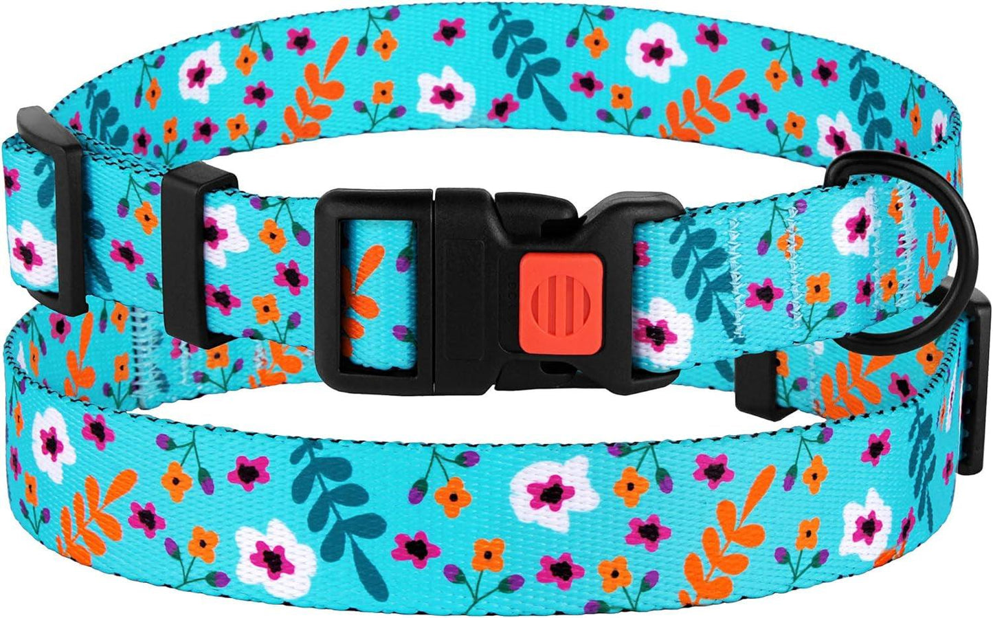 Floral Dog Collar Nylon Pattern Flower Print Adjustable Pet Collars for Dogs Small Medium Large Puppy (Neck Fit 18"-26", Aquamarine)