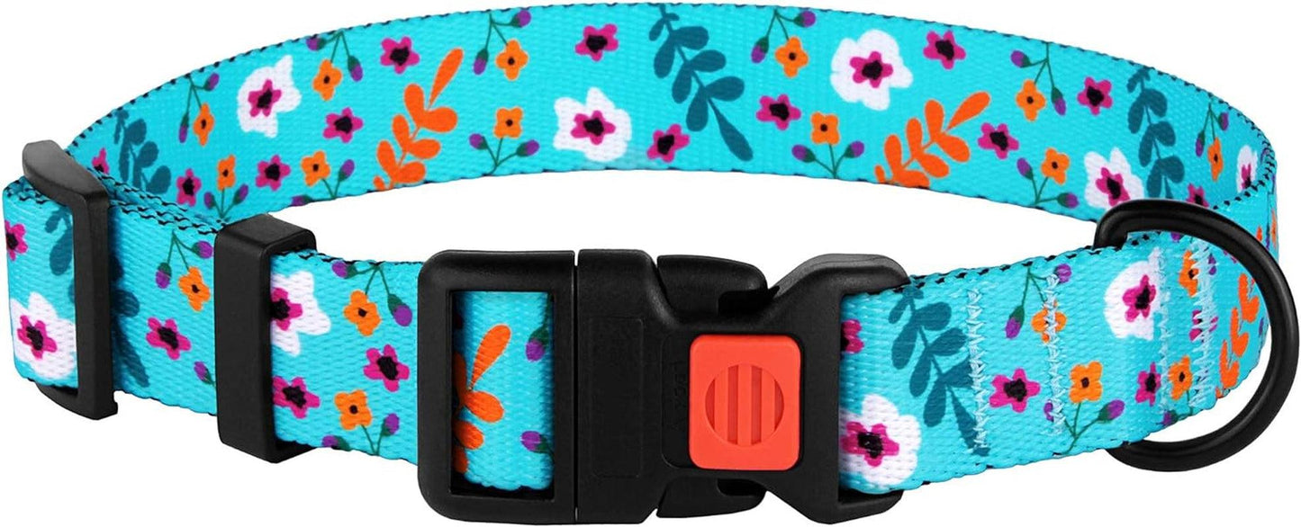 Floral Dog Collar Nylon Pattern Flower Print Adjustable Pet Collars for Dogs Small Medium Large Puppy (Neck Fit 18"-26", Aquamarine)