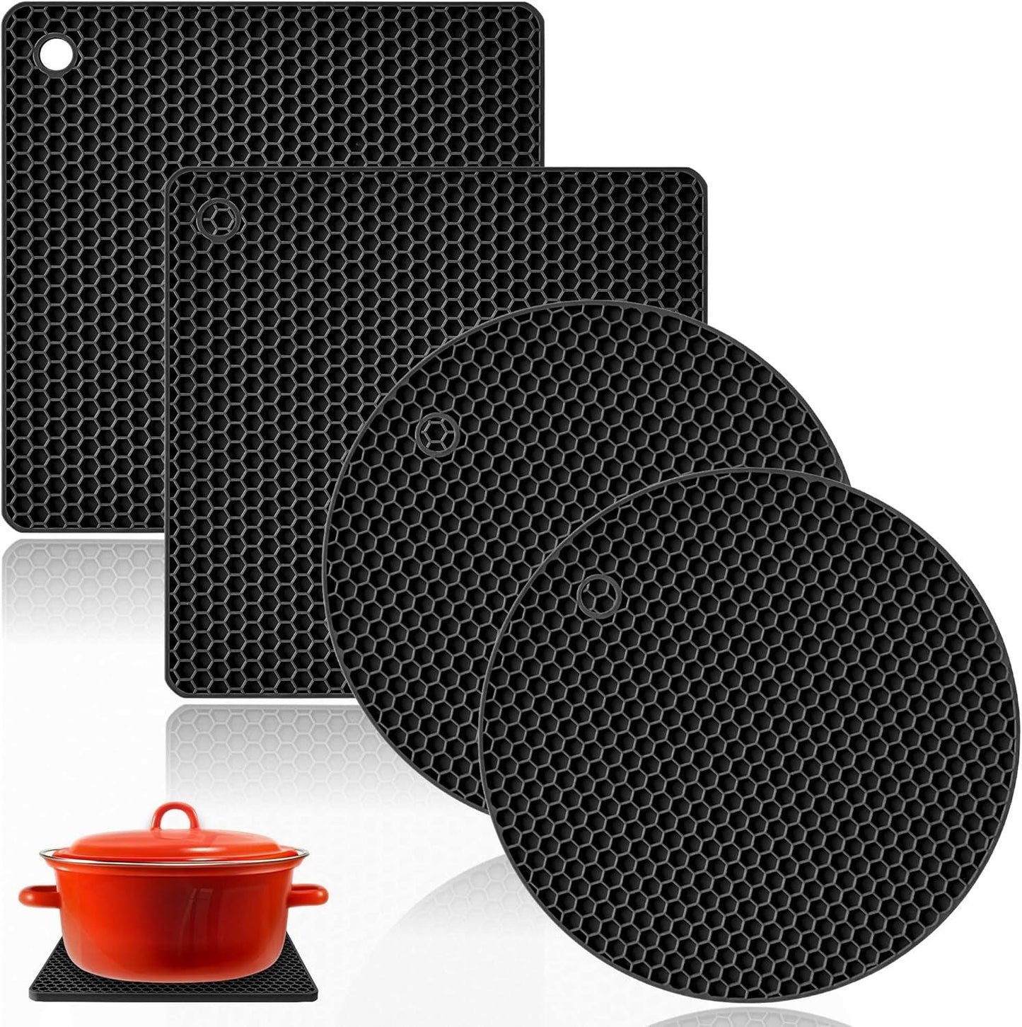 Silicone Trivet Pot Mats Non-Slip Heat Resistant Kitchen Hot Pads - Multi-Purpose Holder Set (Black)