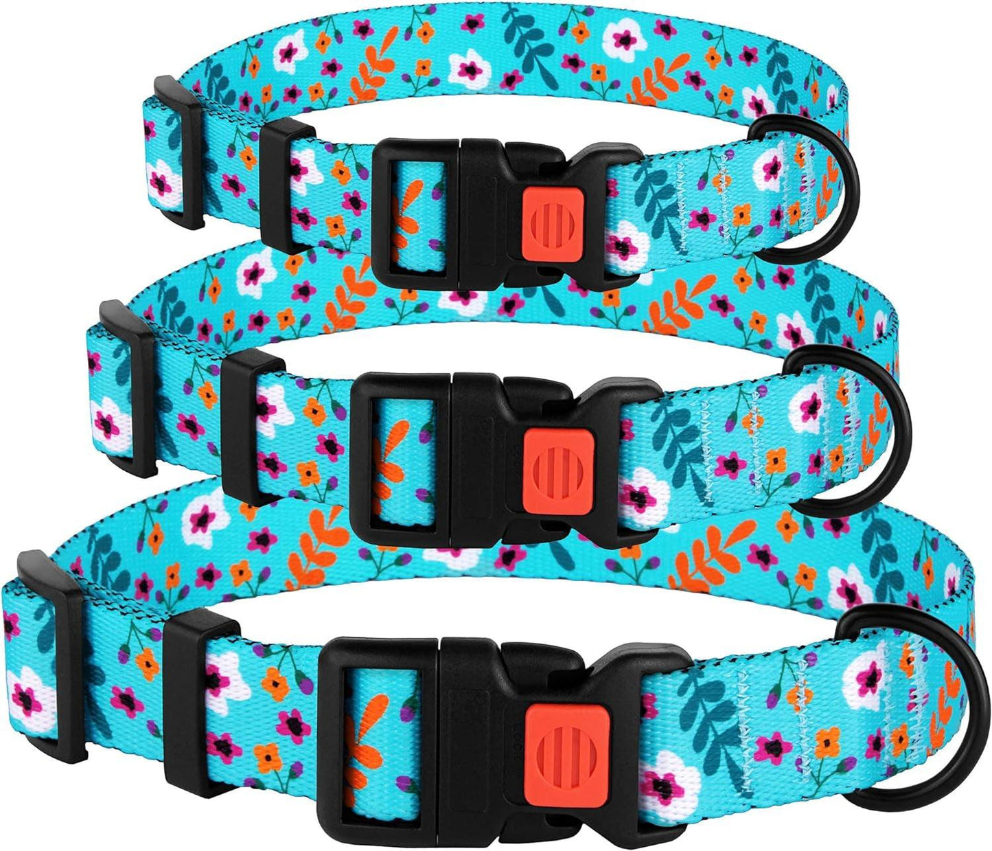 Floral Dog Collar Nylon Pattern Flower Print Adjustable Pet Collars for Dogs Small Medium Large Puppy (Neck Fit 18"-26", Aquamarine)