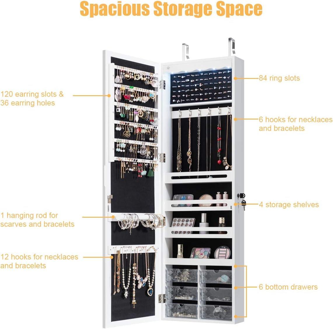 Wall-Mounted Jewelry Cabinet Armoire with Full-Length Mirror, Lockable Organizer, Lights, and Large Storage Box - White