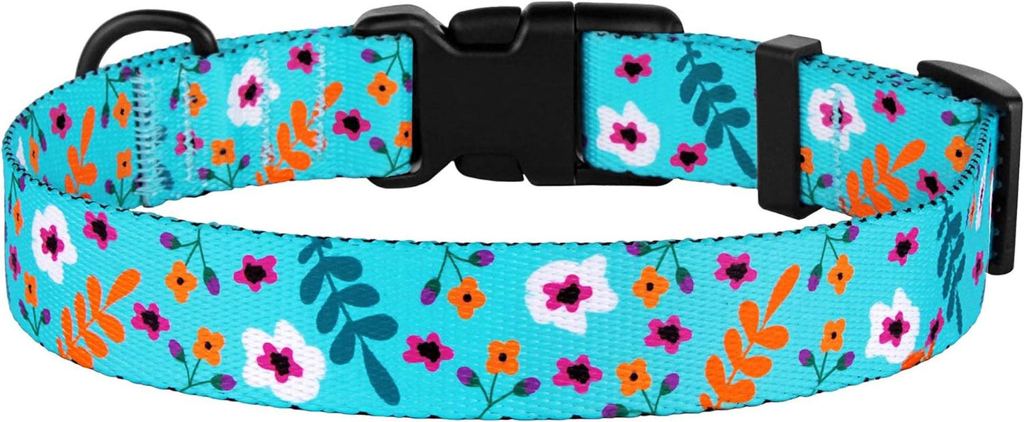 Floral Dog Collar Nylon Pattern Flower Print Adjustable Pet Collars for Dogs Small Medium Large Puppy (Neck Fit 18"-26", Aquamarine)