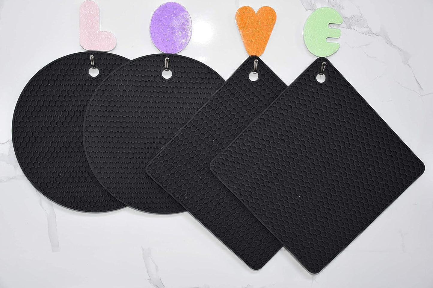 Silicone Trivet Pot Mats Non-Slip Heat Resistant Kitchen Hot Pads - Multi-Purpose Holder Set (Black)