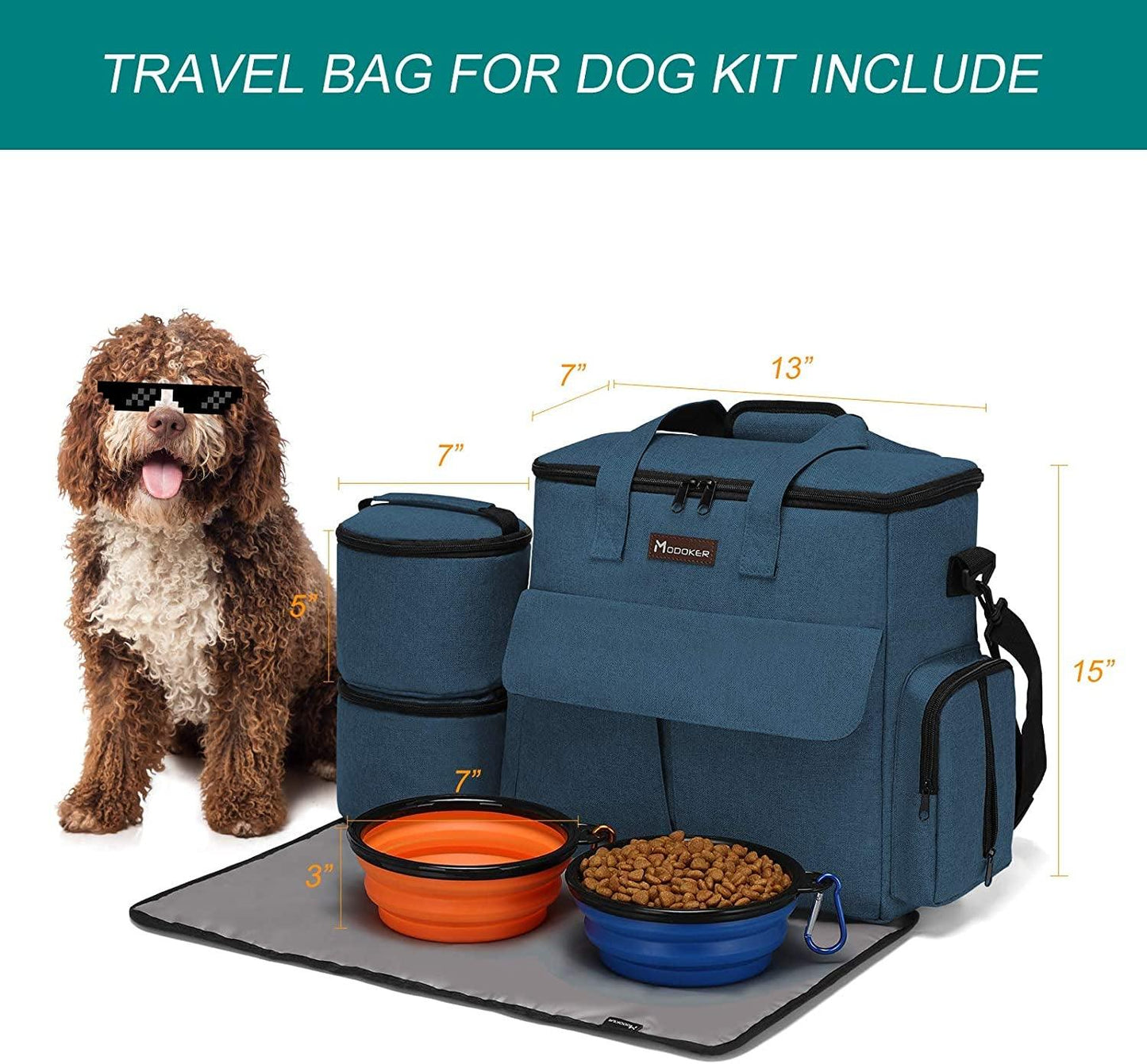 Pet Travel Bag Set with Airline-Approved Tote Organizer, Food Storage Containers, Collapsible Bowls, and Feeding Mat - Blue