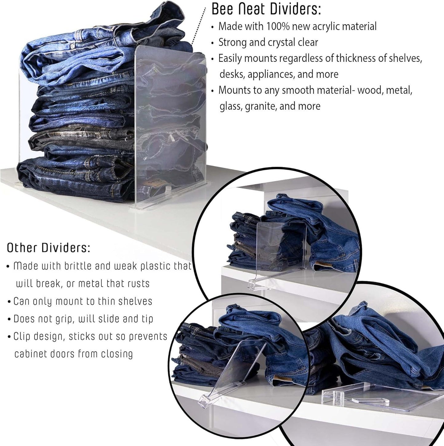 Acrylic Clear Shelf Dividers - Closet Organizer for Clothing, Towels, Sweaters, Purses, and Books - Pack of 6