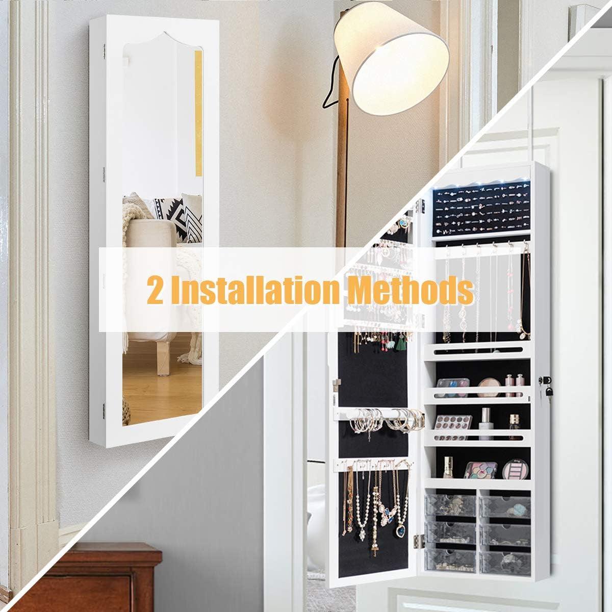 Wall-Mounted Jewelry Cabinet Armoire with Full-Length Mirror, Lockable Organizer, Lights, and Large Storage Box - White