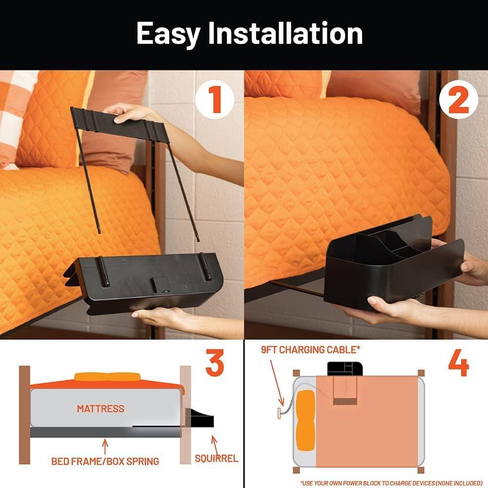 College Dorm Room Bedside Perch with USB-C Charging Ports and Organizer - Black