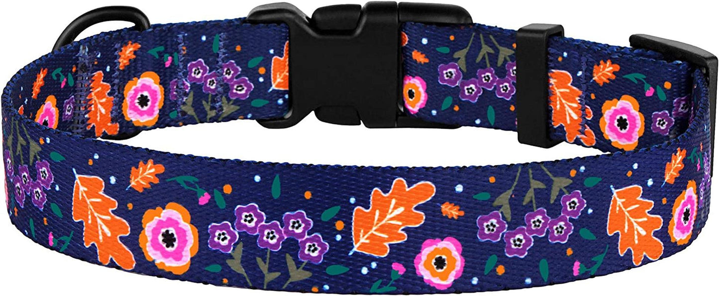 Floral Dog Collar Nylon Pattern Flower Print Adjustable Pet Collars for Dogs Small Medium Large Puppy (Neck Fit 14"-18", Navy Blue)