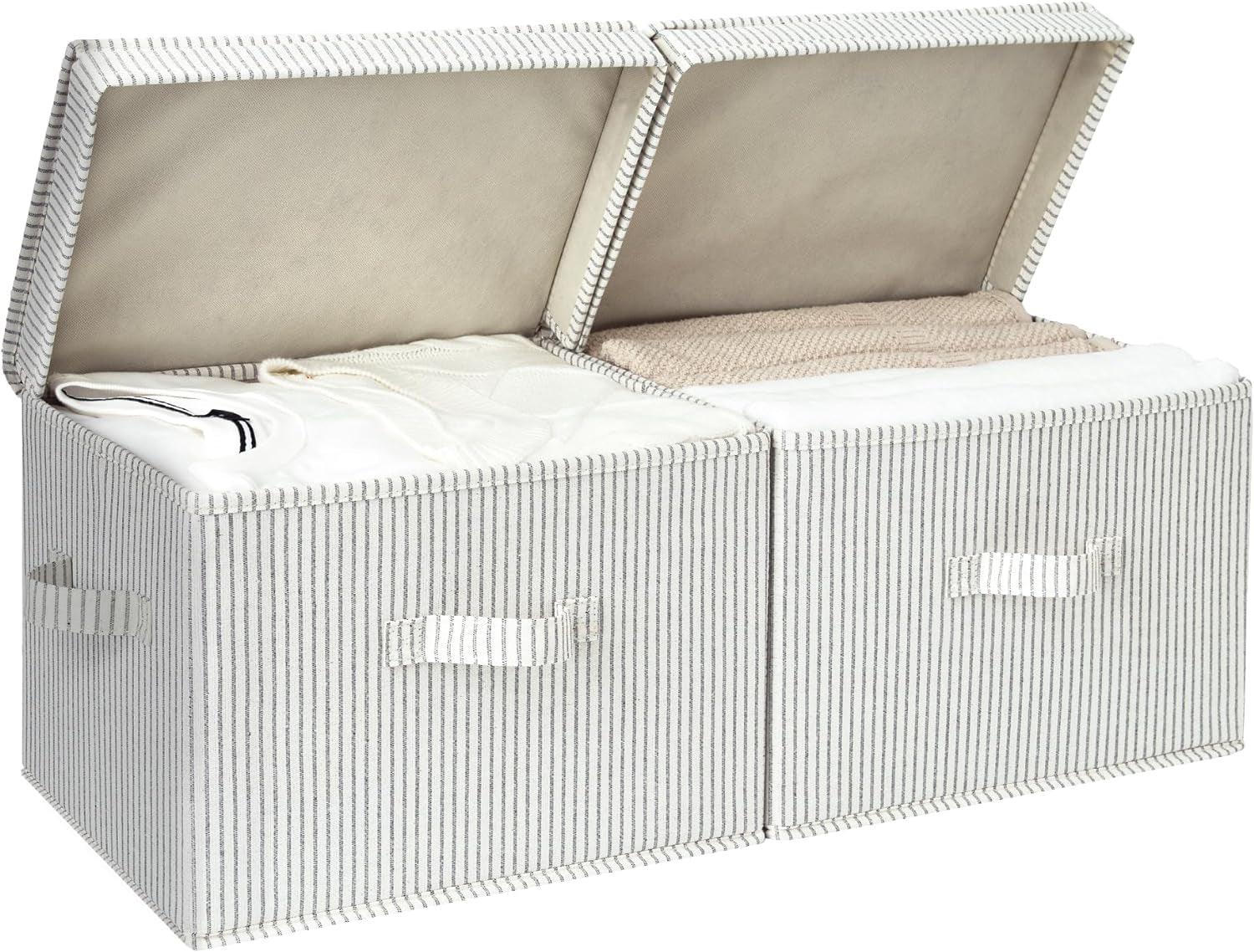 Decorative Storage Boxes, Storage Basket with Lid and Handles, Gray and White Stripes, Large, 2-Pack