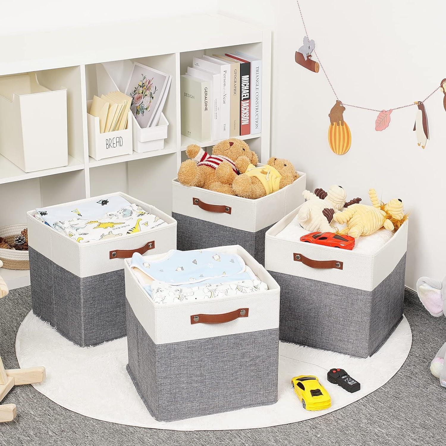 Foldable Storage Bins 13X13 Storage Cubes Set of 4 Fabric Linen Storage Baskets for Shelves Drawer with Handles Organizer for Shelves Toy Nursery Closet Bedroom