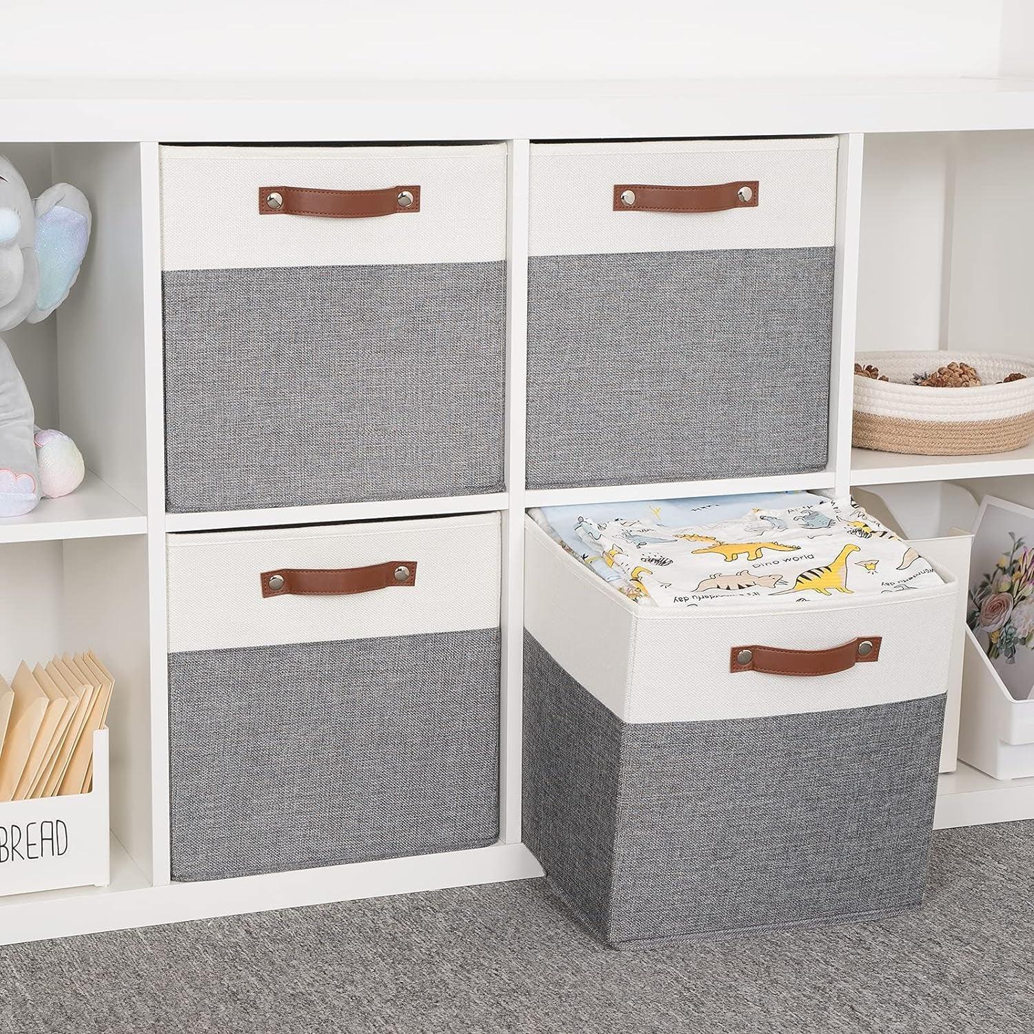 Foldable Storage Bins 13X13 Storage Cubes Set of 4 Fabric Linen Storage Baskets for Shelves Drawer with Handles Organizer for Shelves Toy Nursery Closet Bedroom