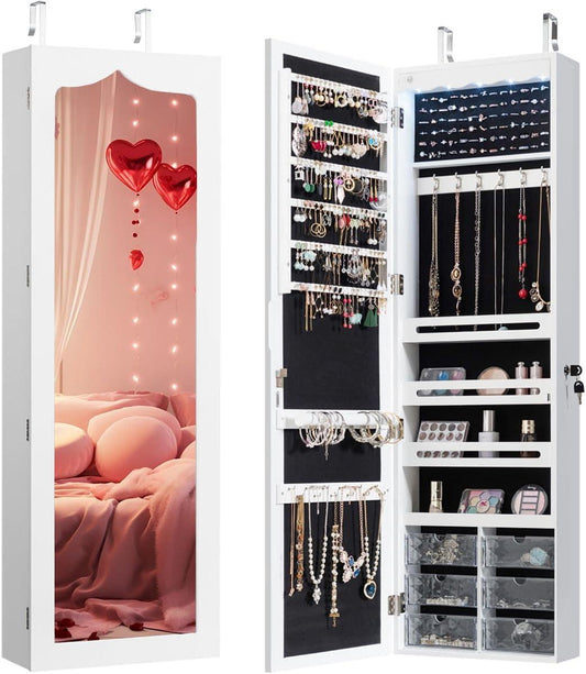 Wall-Mounted Jewelry Cabinet Armoire with Full-Length Mirror, Lockable Organizer, Lights, and Large Storage Box - White