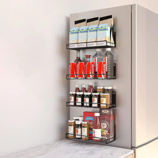 Magnetic Spice Rack for Refrigerator - Set of 4, Kitchen Organizer Shelf for Spice Storage (Black)