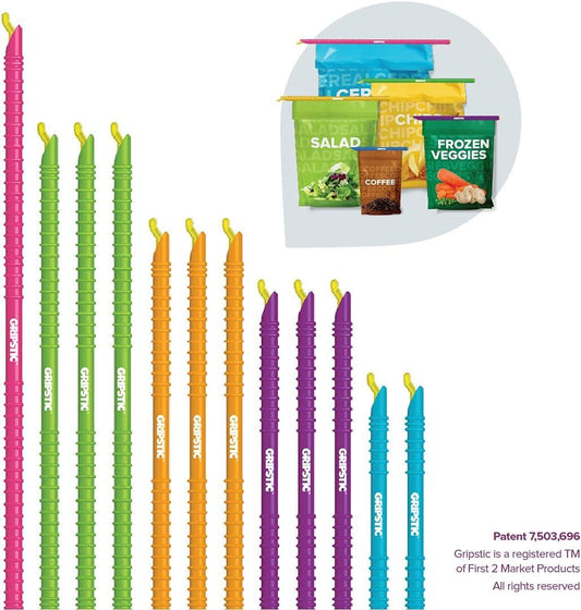 Bag Clips. 12Pc Durable Food Clip Set for Kitchen Storage. Reusable Chip Bag Clips. Color Coded Bag Closure Sticks Provide Air Tight Seal. Durable Cereal Bag Clips. Chip Clips Reinvented.