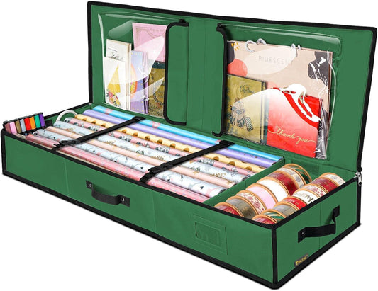 Christmas Wrapping Paper Storage Organizer with Flexible Partitions and Pockets, 40" Durable 600D Oxford Fabric Gift Wrap Storage Bag Fits Ribbon, Ornaments, Holiday Accessories (Green)