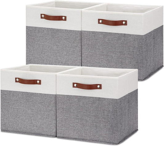 Foldable Storage Bins 13X13 Storage Cubes Set of 4 Fabric Linen Storage Baskets for Shelves Drawer with Handles Organizer for Shelves Toy Nursery Closet Bedroom