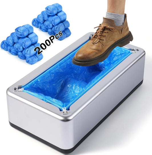 Automatic Shoe Covers Dispenser with 200 Disposable Non-Slip Shoe Covers, User-Friendly and Reliable, Fits up to Size 11 US Men, Ideal for Indoor Use (Silver)