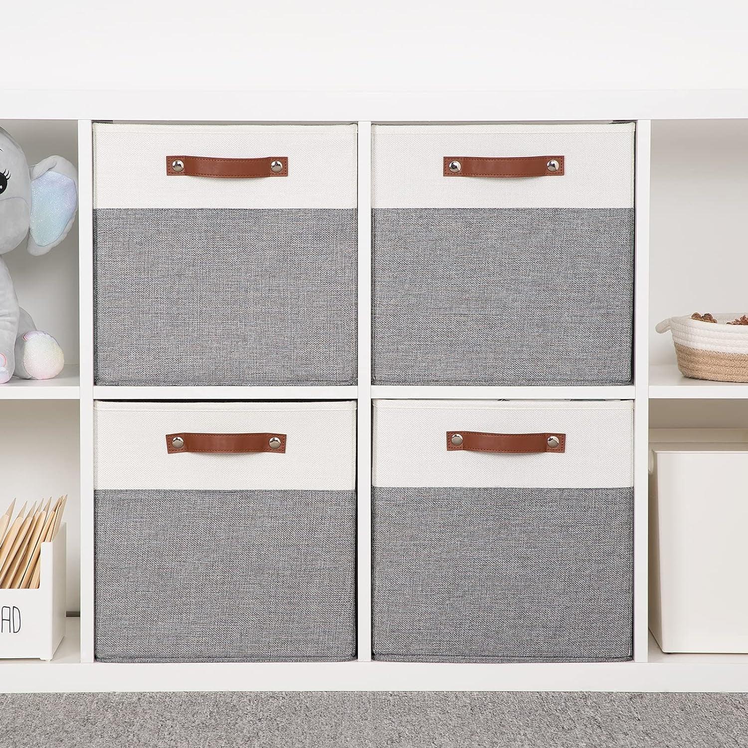 Foldable Storage Bins 13X13 Storage Cubes Set of 4 Fabric Linen Storage Baskets for Shelves Drawer with Handles Organizer for Shelves Toy Nursery Closet Bedroom