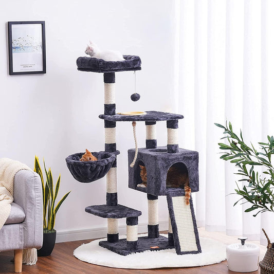 Multi-Level Cat Tree Condo with Scratching Board and Feeding Bowl - Smoky Gray