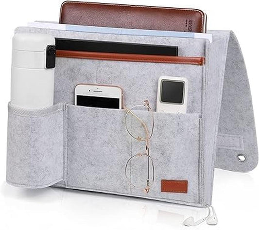 Light Grey Bedside Storage Caddy with 5 Pockets for Phone, Tablet, Remote Control, and Magazines